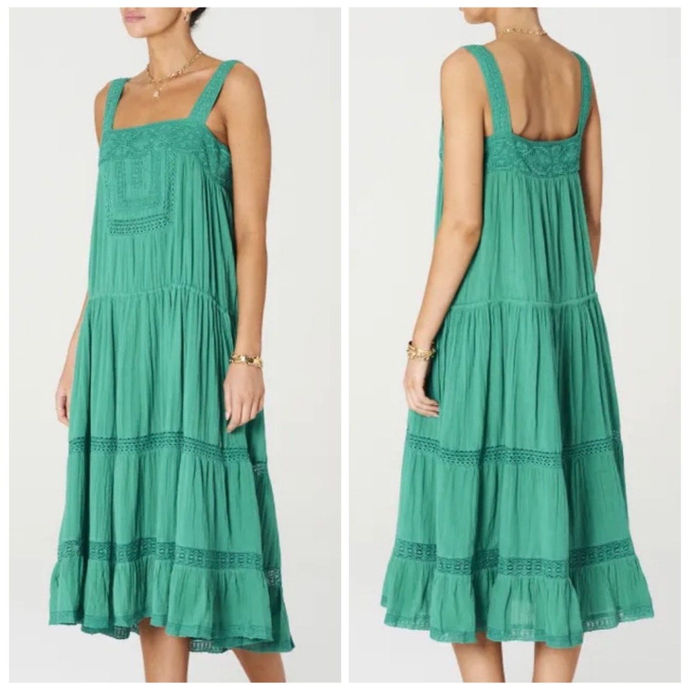 M.A.B.E. Nola Midi Dress Small Teal Blue Boho Cotton Lace Tiered Tassel Gauze